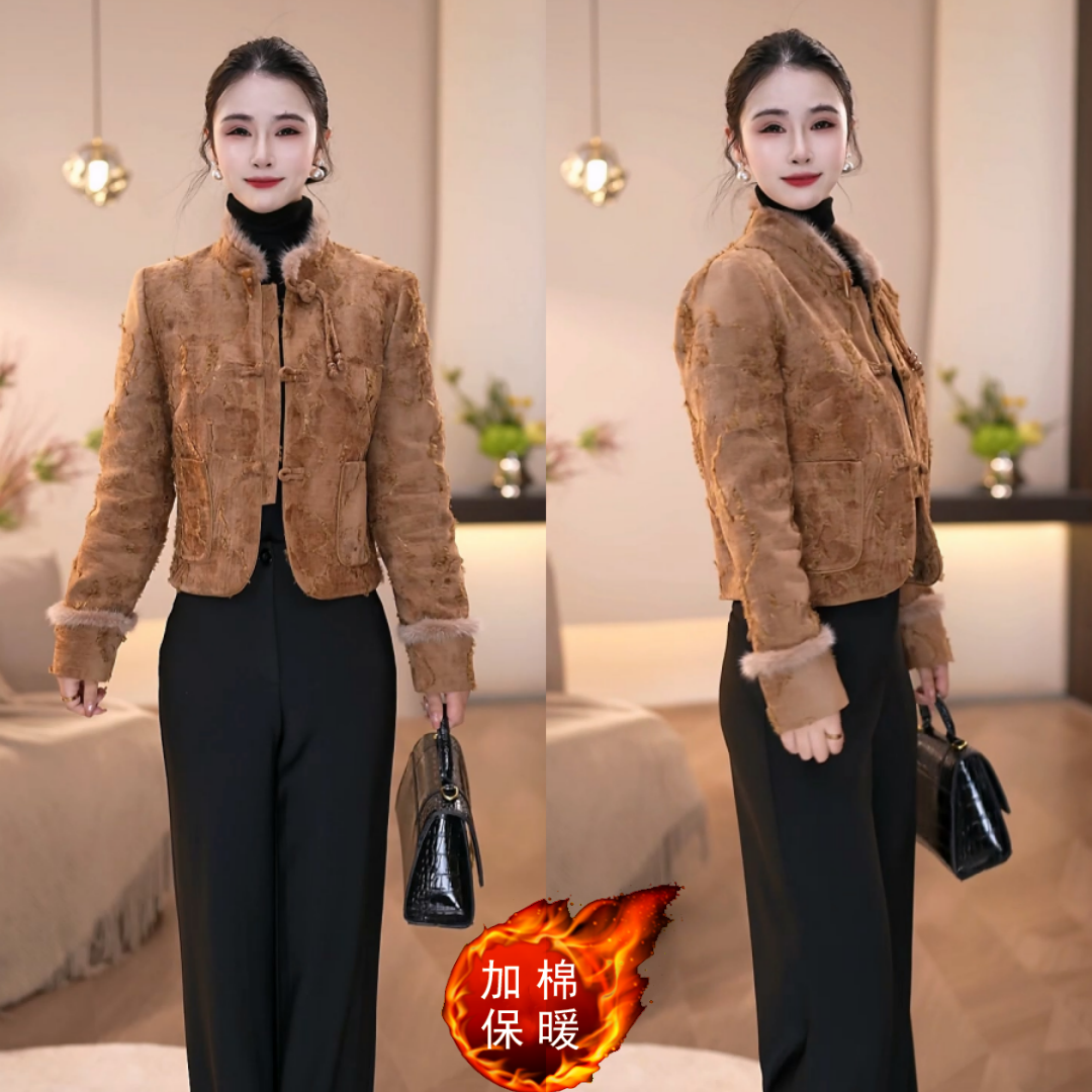 2025秋冬新款中式复古毛绒盘扣国风短外套+金丝绒半裙两件套M-4XL