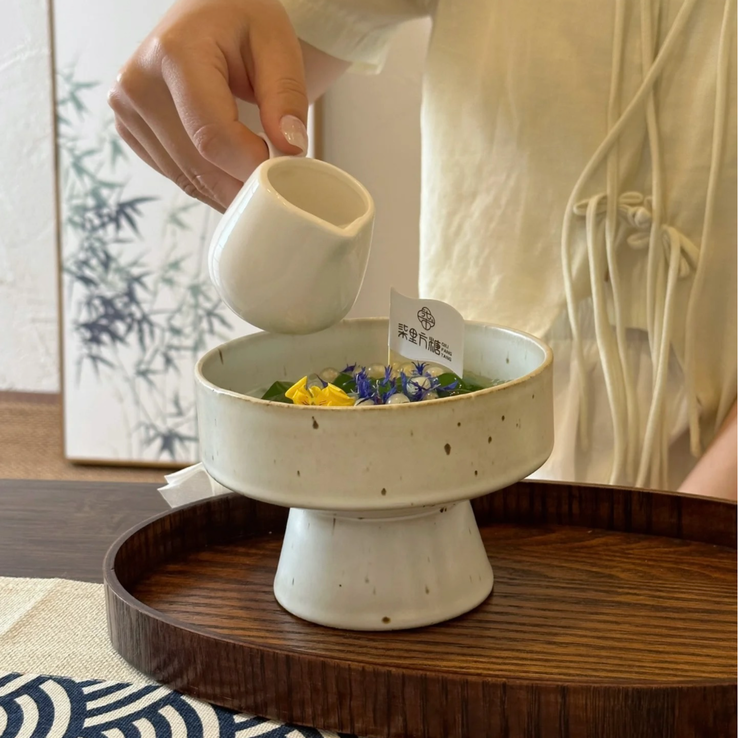 景德镇-粗陶餐具复古手绘画釉高足碗茶点盘零食碗高级感高脚碗