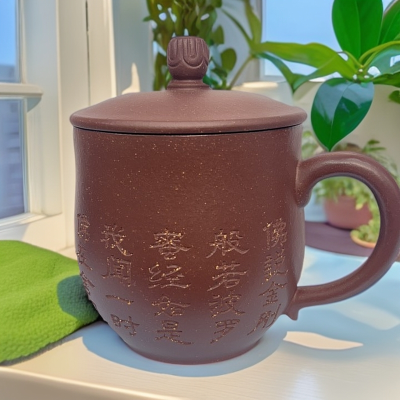 宜兴原矿紫砂纯手工高档紫玉金砂金刚盖杯刻字全手工带盖