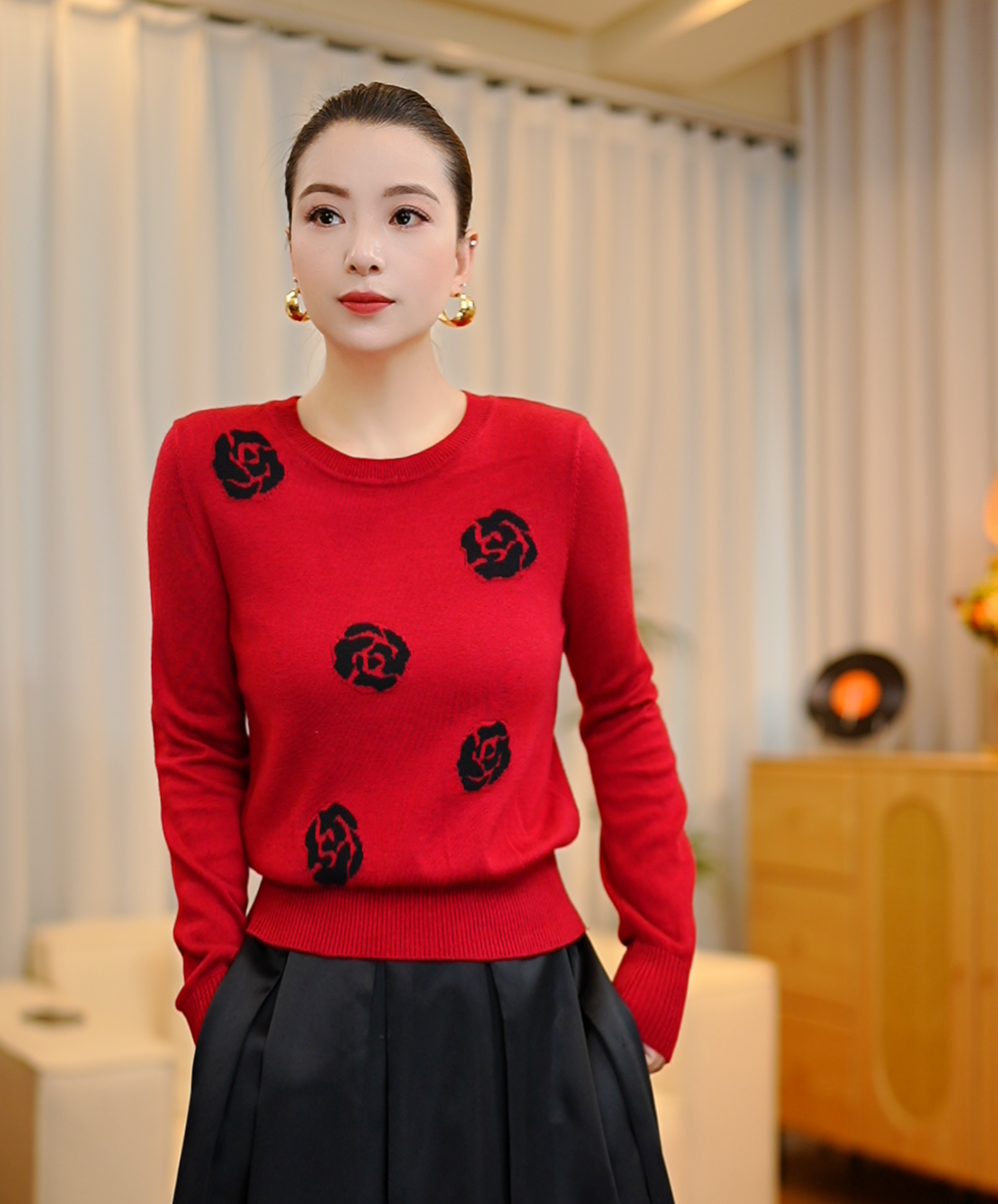 法式玫瑰提花翻领百搭羊毛毛衣女