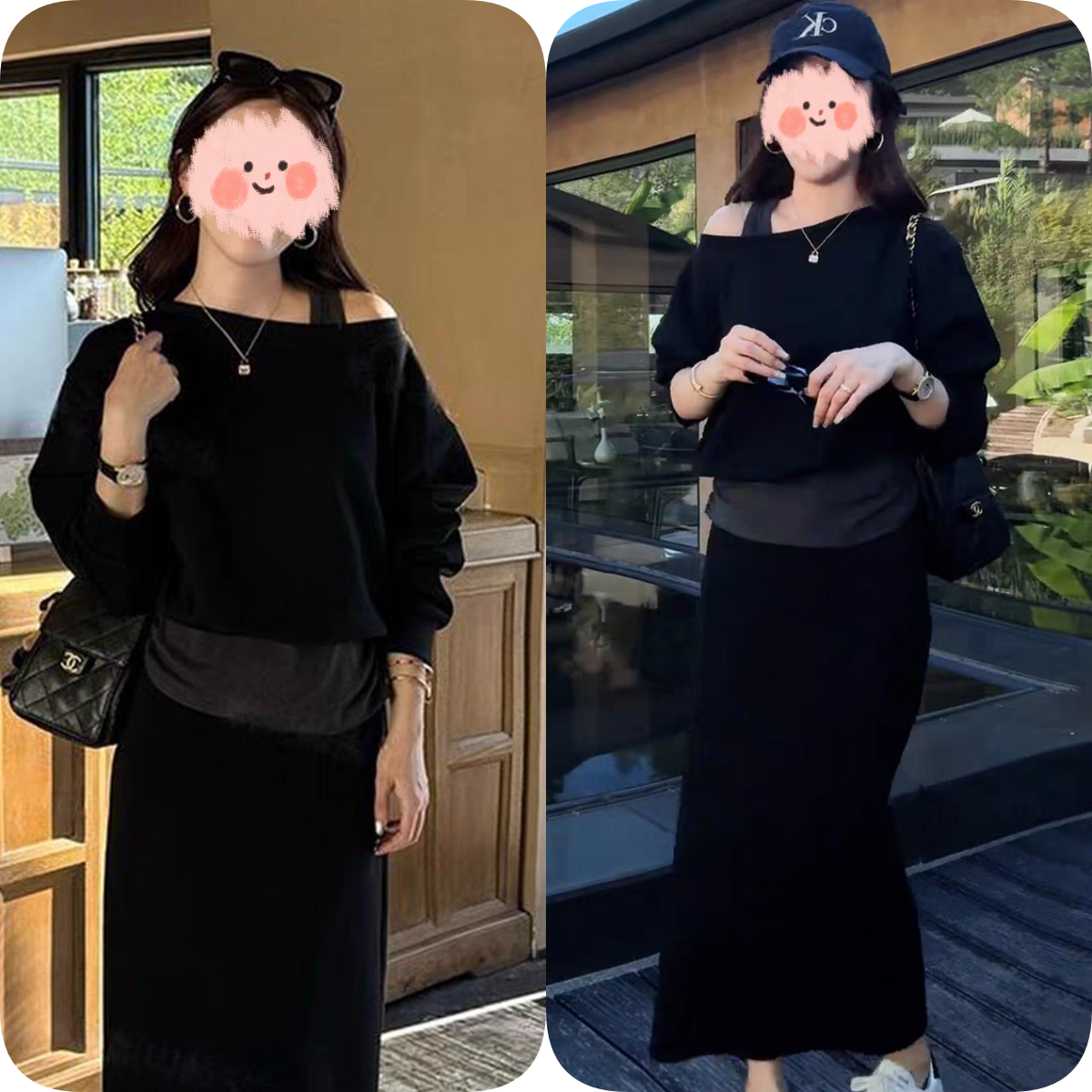 慵懒风时尚套装早秋气质百搭设计感露肩上衣+直筒高腰半裙两件套