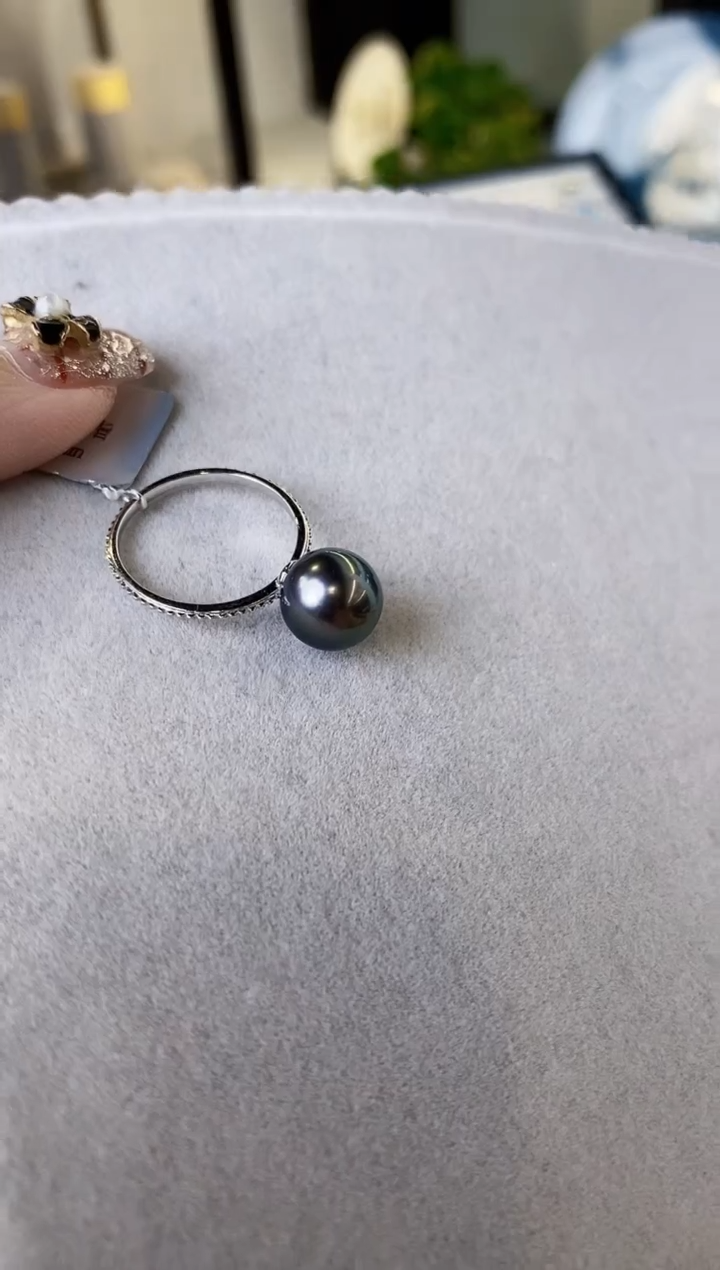 【闪购商品】海水珍珠戒指18K金镶嵌9-10大溪地黑珍珠戒指