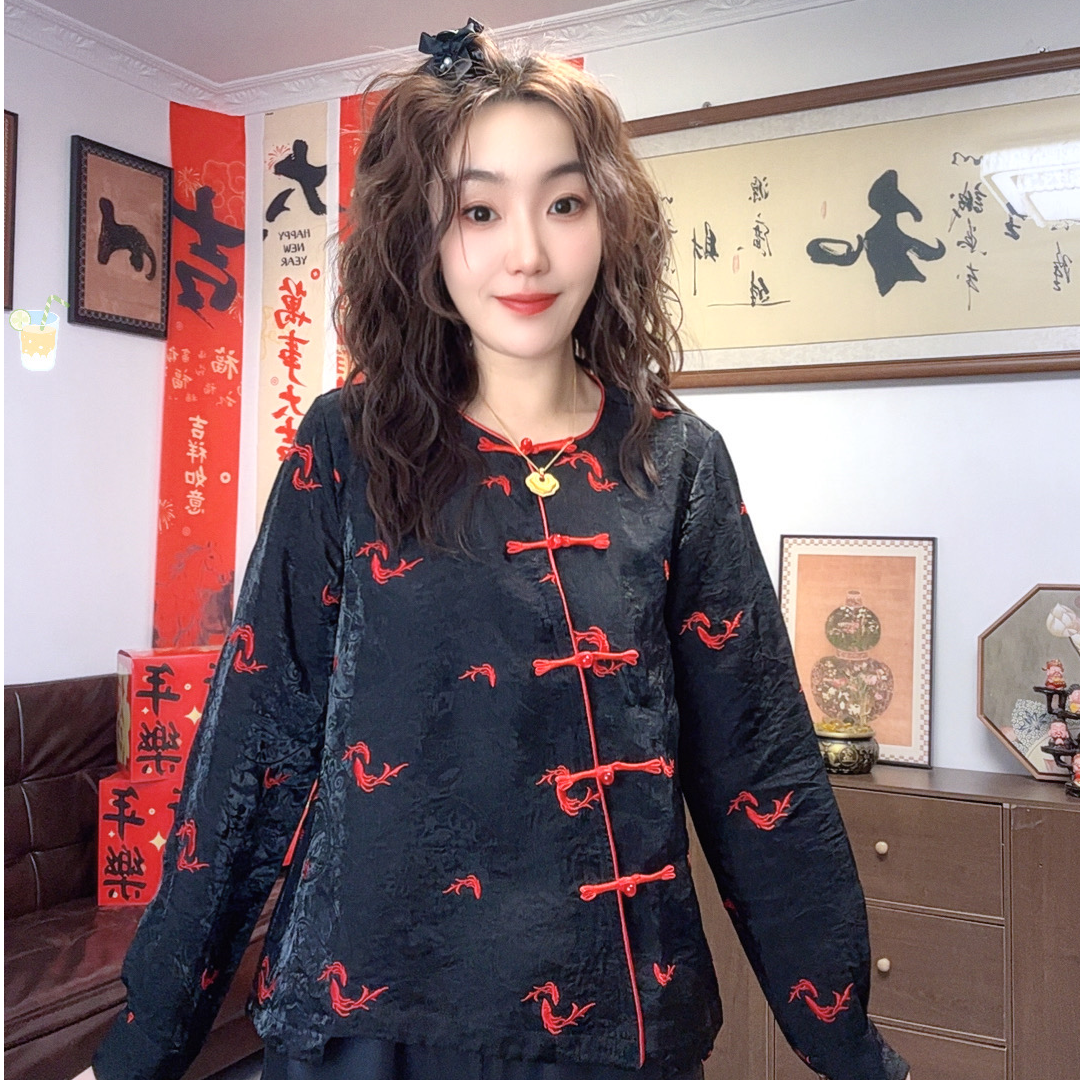 新中式双鱼锦鲤刺绣偏襟内搭上衣显瘦百搭气质复古