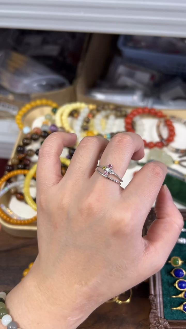 银S925镶嵌戒指碧玺双层彩虹碧玺银镶嵌戒指[55]