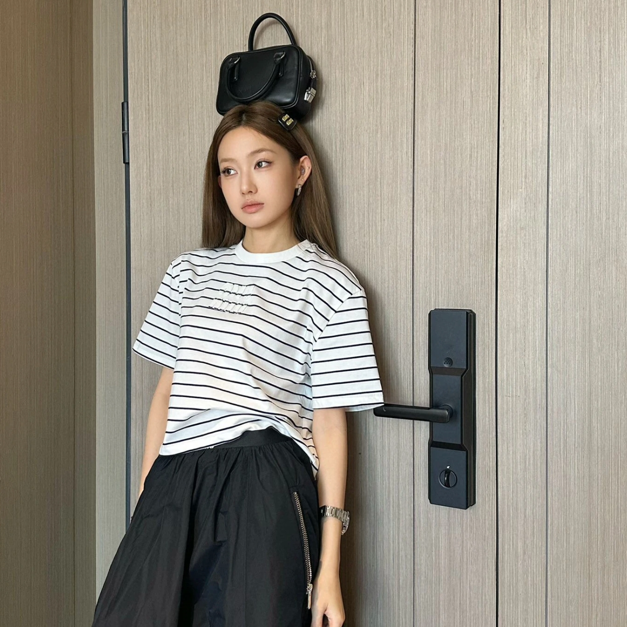 未使用 MIU MIU/缪缪  LOGO条纹短袖T恤 蓝白/XS