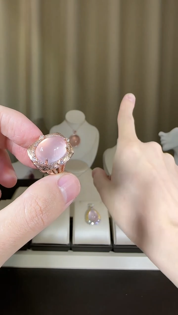 【闪购商品】芙蓉石戒指银S925镶嵌12*16mm星光粉水晶