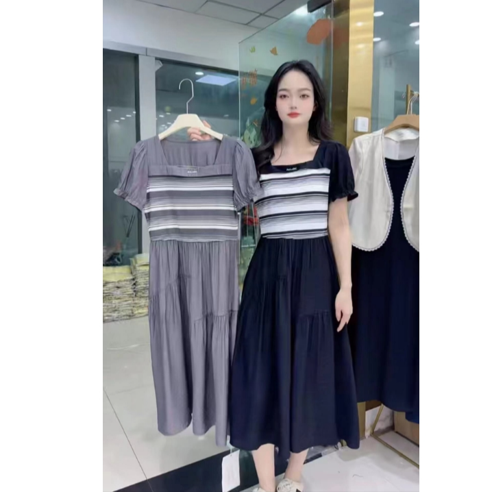  5B53 WEWX法式气质条纹针织拼接假两件连衣裙女收腰显瘦a字裙XH