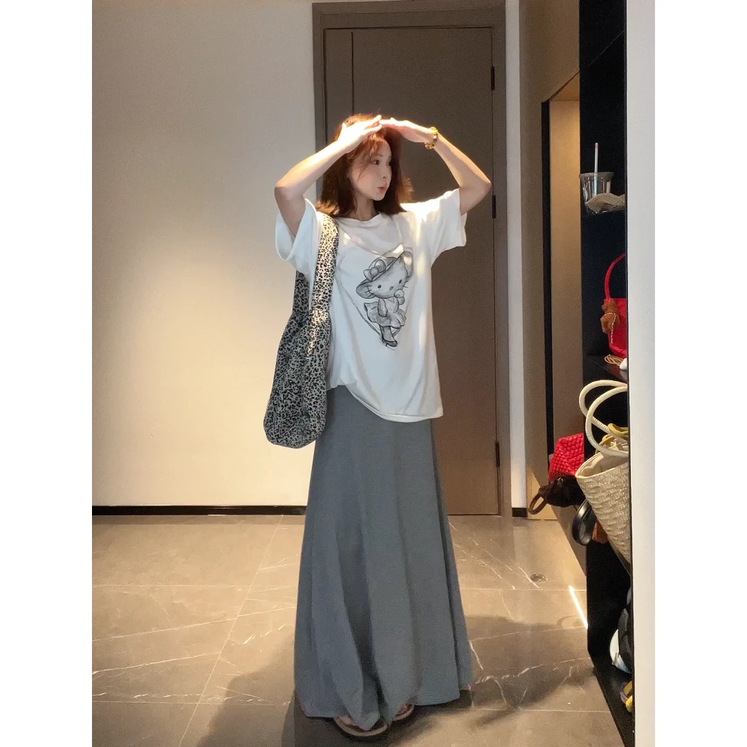 2025高腰灰色半身裙长款女夏季垂感宽松百搭显瘦果冻空气层伞裙