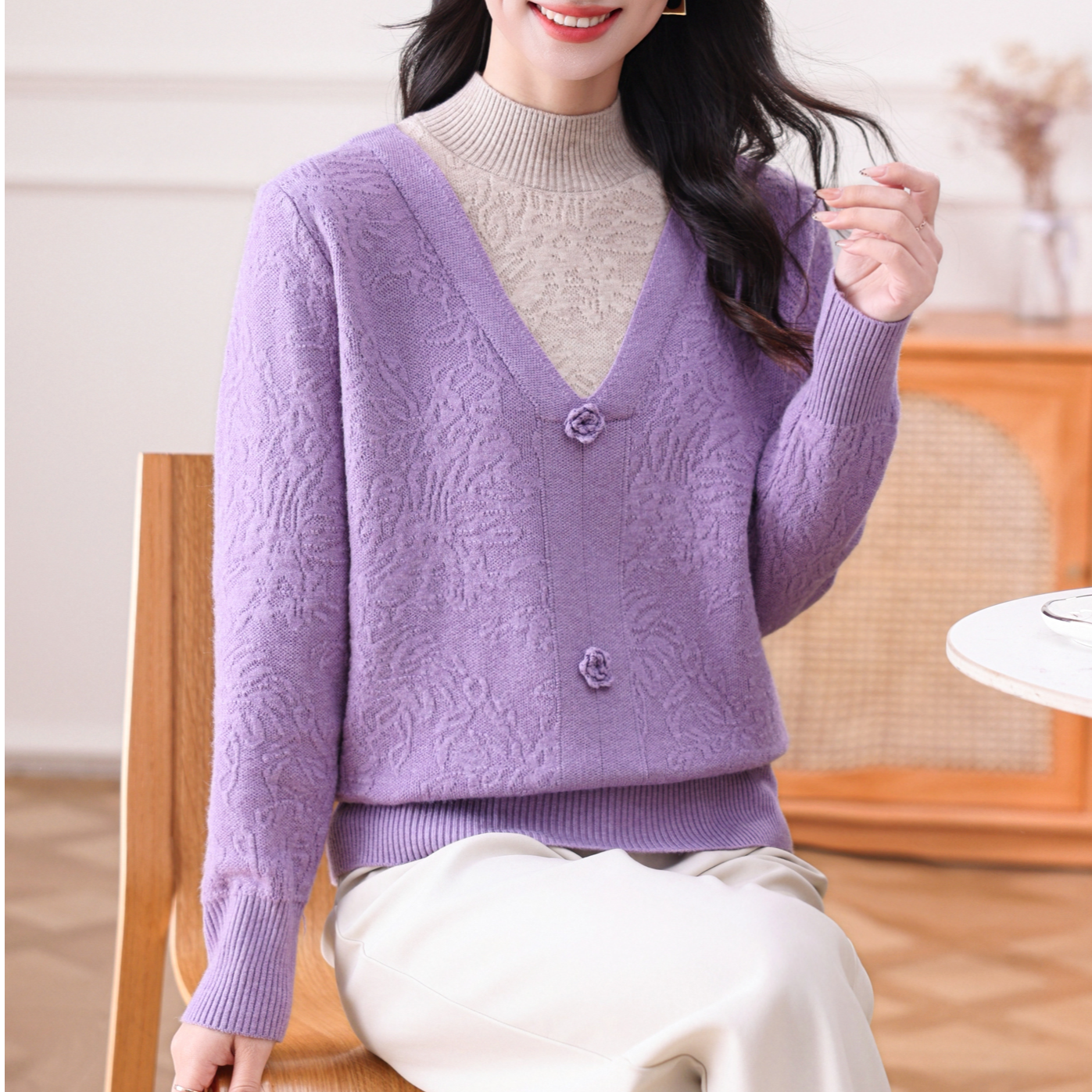 圆领半高领常规款法式中老年女装毛衣秋冬针织衫8812