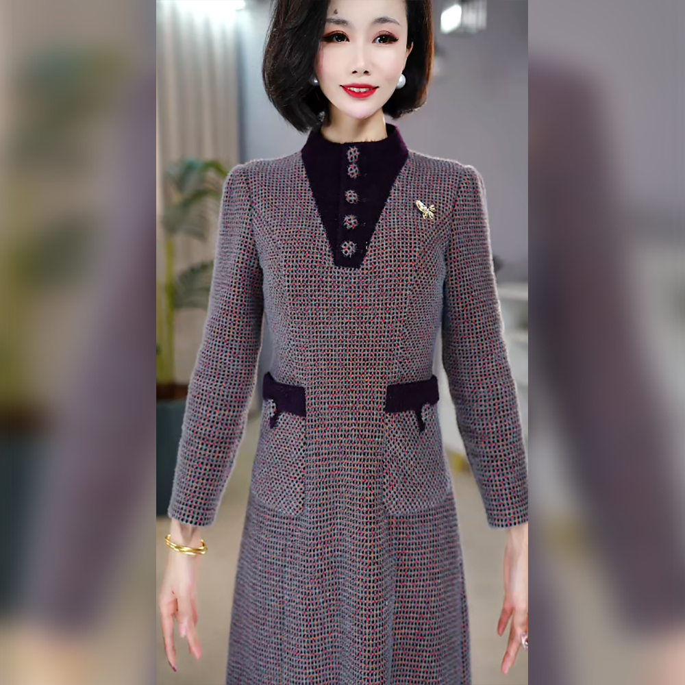 【雪狐绒】2025年冬季新款加绒加厚中长款拼接显瘦气质时尚连衣裙