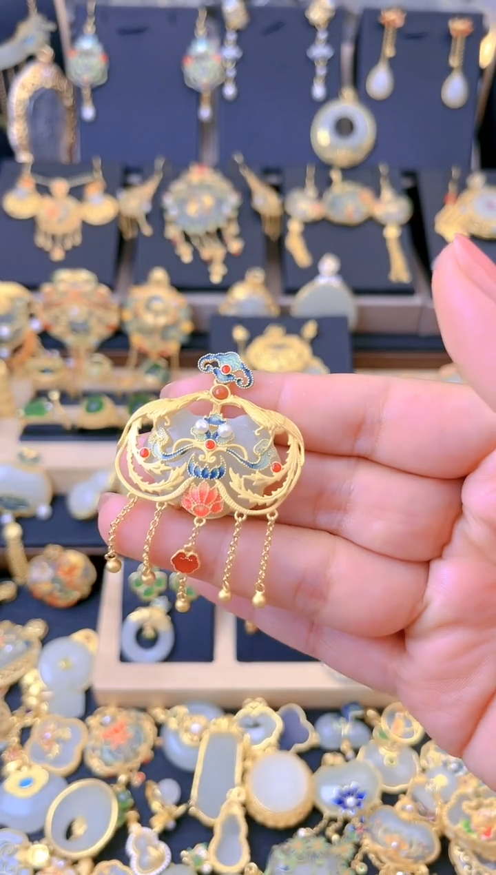 【闪购商品】和田玉吊坠银S925镀金镶嵌双凤流苏吊坠