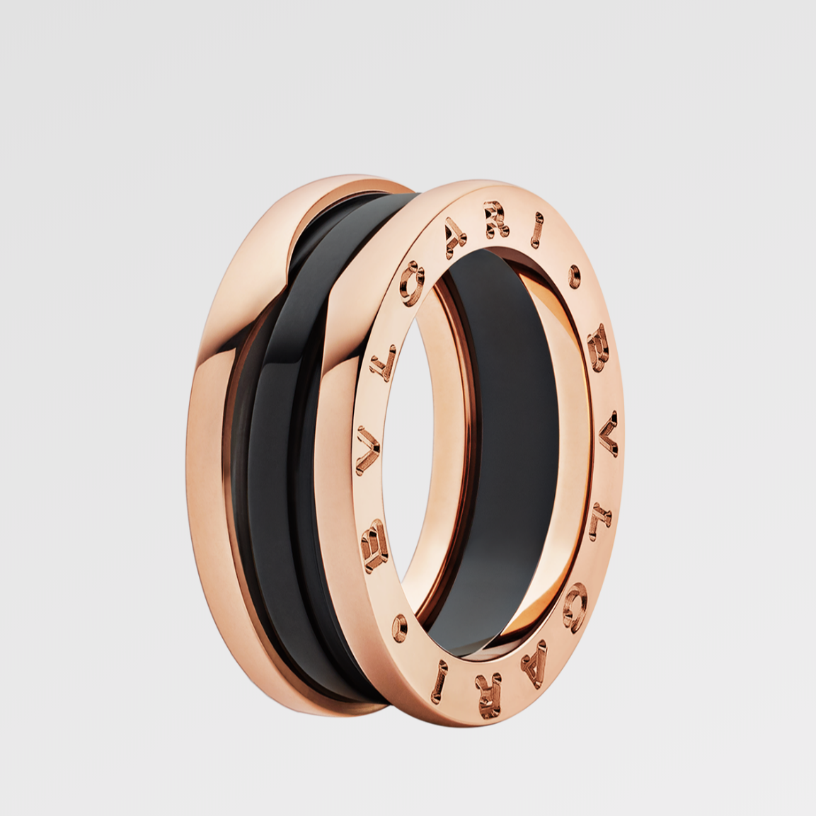 99新 BVLGARI/宝格丽 经典黑色窄版指环玫瑰金色黑陶瓷三环戒指