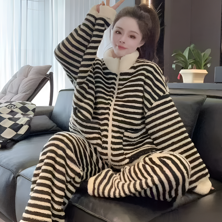 【超厚专柜正版】雪花绒睡衣立领黑白条纹加绒加厚家居服可外穿套装