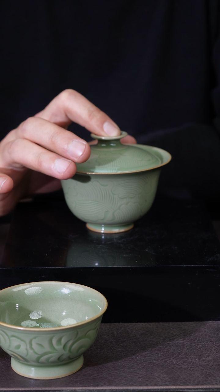 【闪购商品】其他元宝型海水纹两才盖碗  微瑕