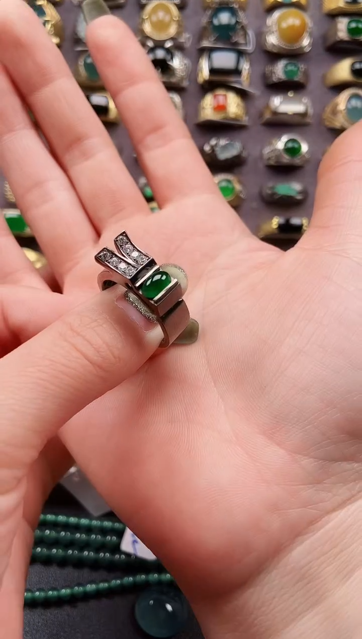 银S925镶嵌戒指翡翠心****7纯天然A货翡翠男戒