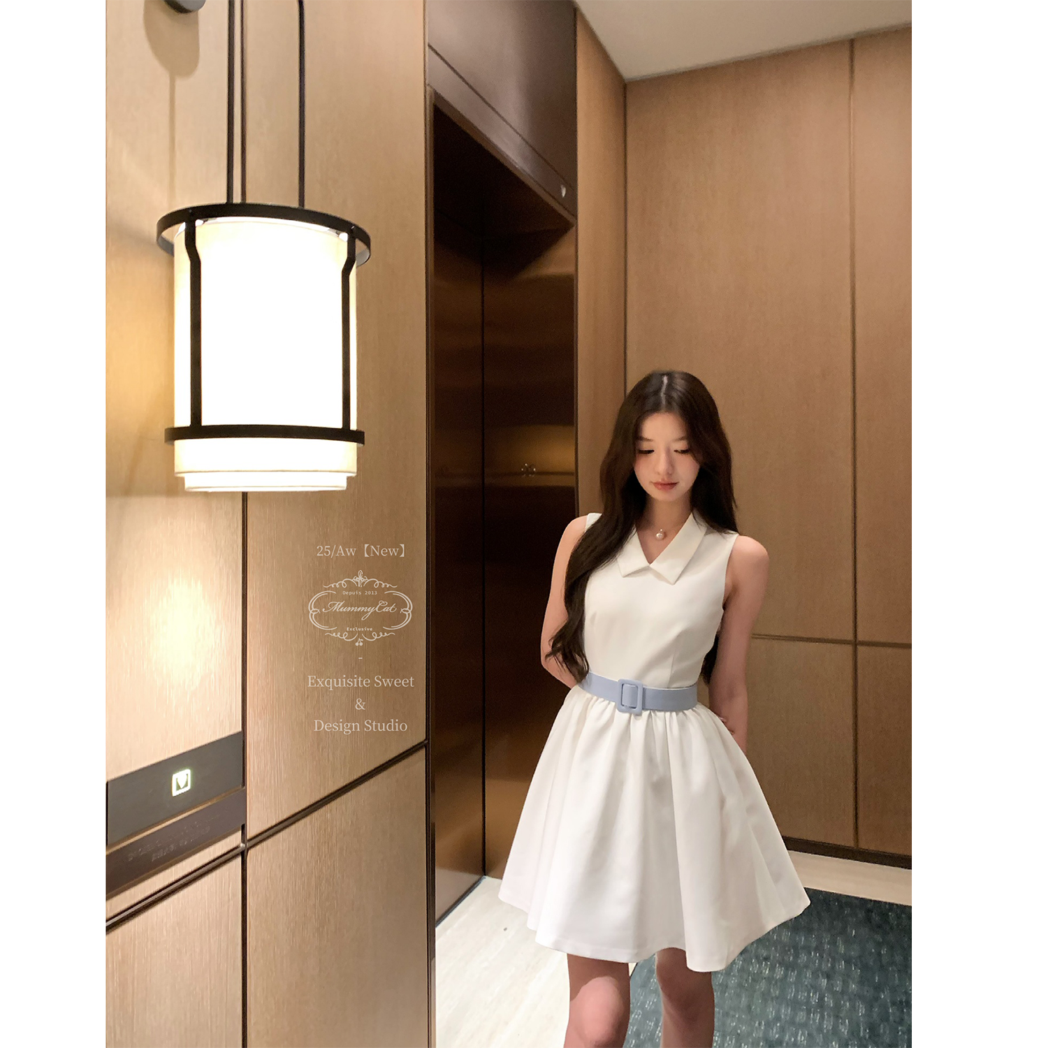 Mummy Cat 下蛋喵【澳白赫本】优雅气质无袖衬衫领宽腰带礼服连衣裙