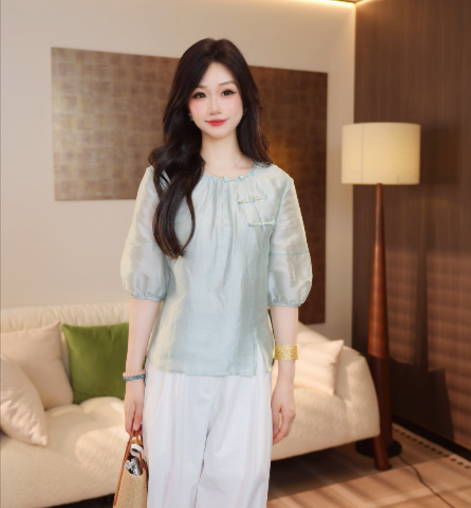 【‌浣月】2025夏季新中式新款古韵泡泡袖盘扣上衣小衫G8507