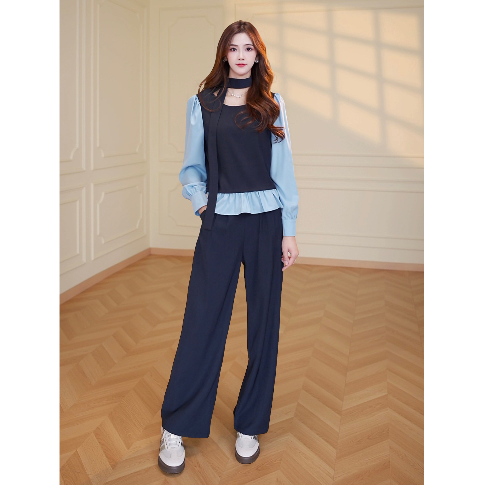 【南油四姐】【两件套】拼接上衣套装2025春秋新款气质两件套QY0002