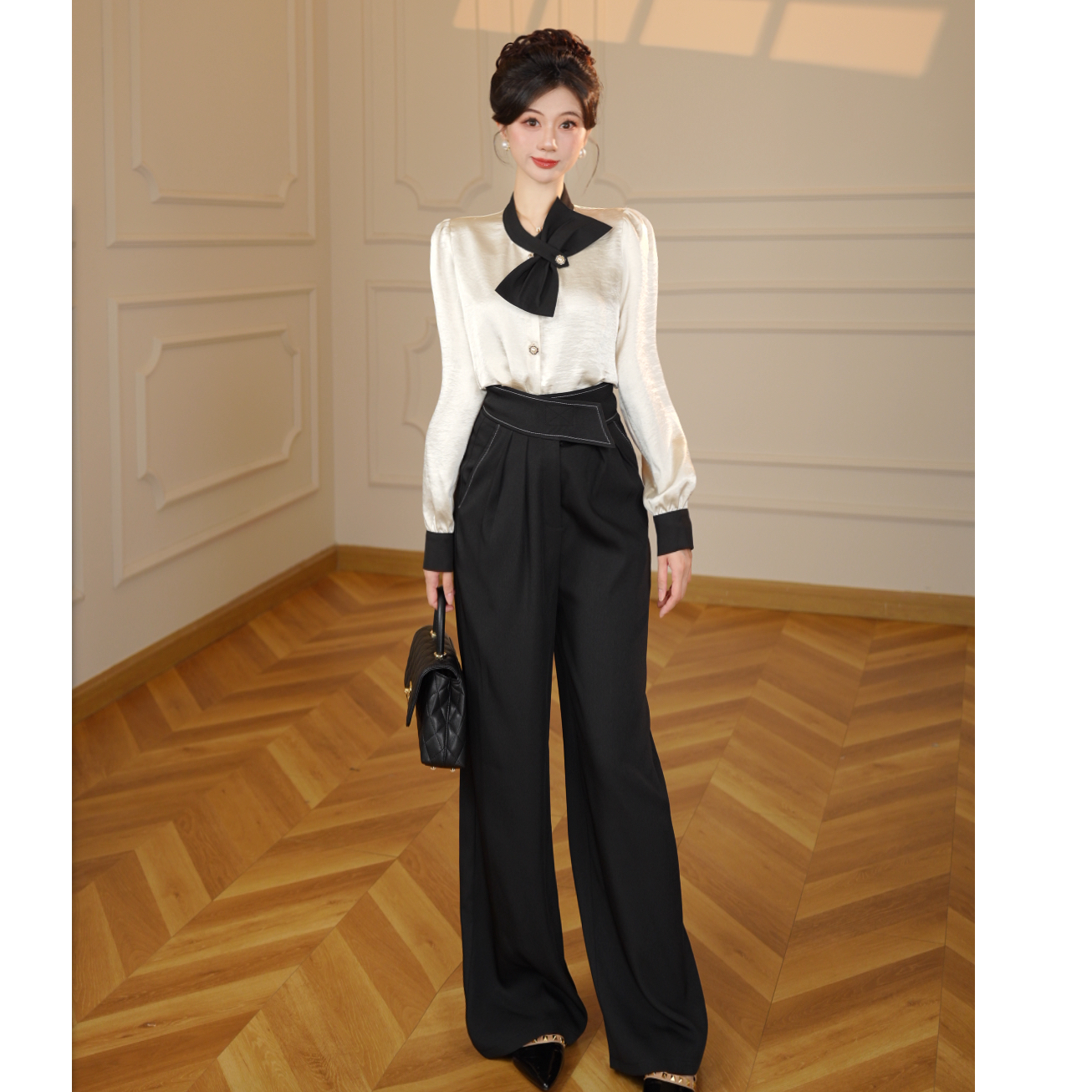 【两件套】小香风裤子黑色阔腿裤小众套装DM0075