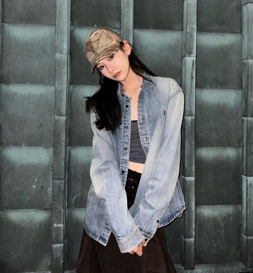 99新 YSL/圣罗兰  IM0506   logo刺绣水洗做旧牛仔衬衫 XL码