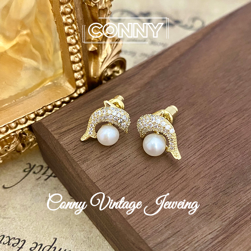 铜合金仿珍珠耳饰 KN0100 法 ·【海豚湾】精致小海豚造型耳钉