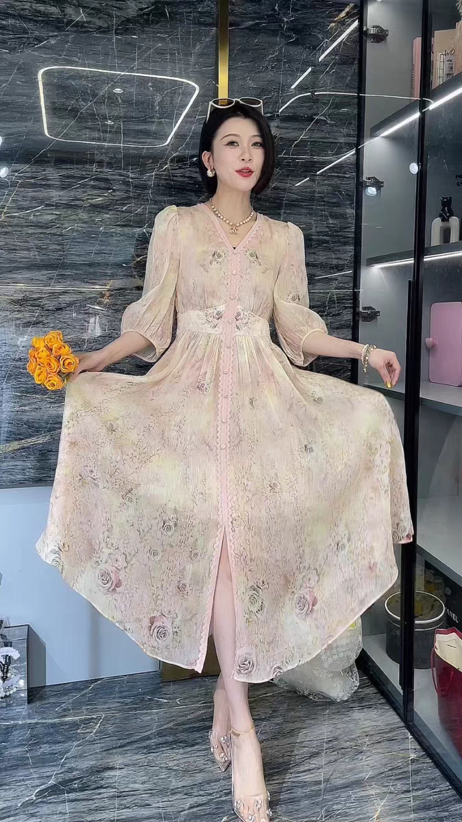 6087芭莎家桑蚕丝亚麻连衣裙