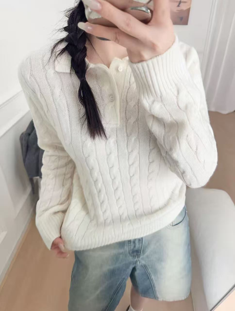 【羊绒翻领毛衣】经典绞花翻领毛衣套头毛衣长袖冬季针织衫女