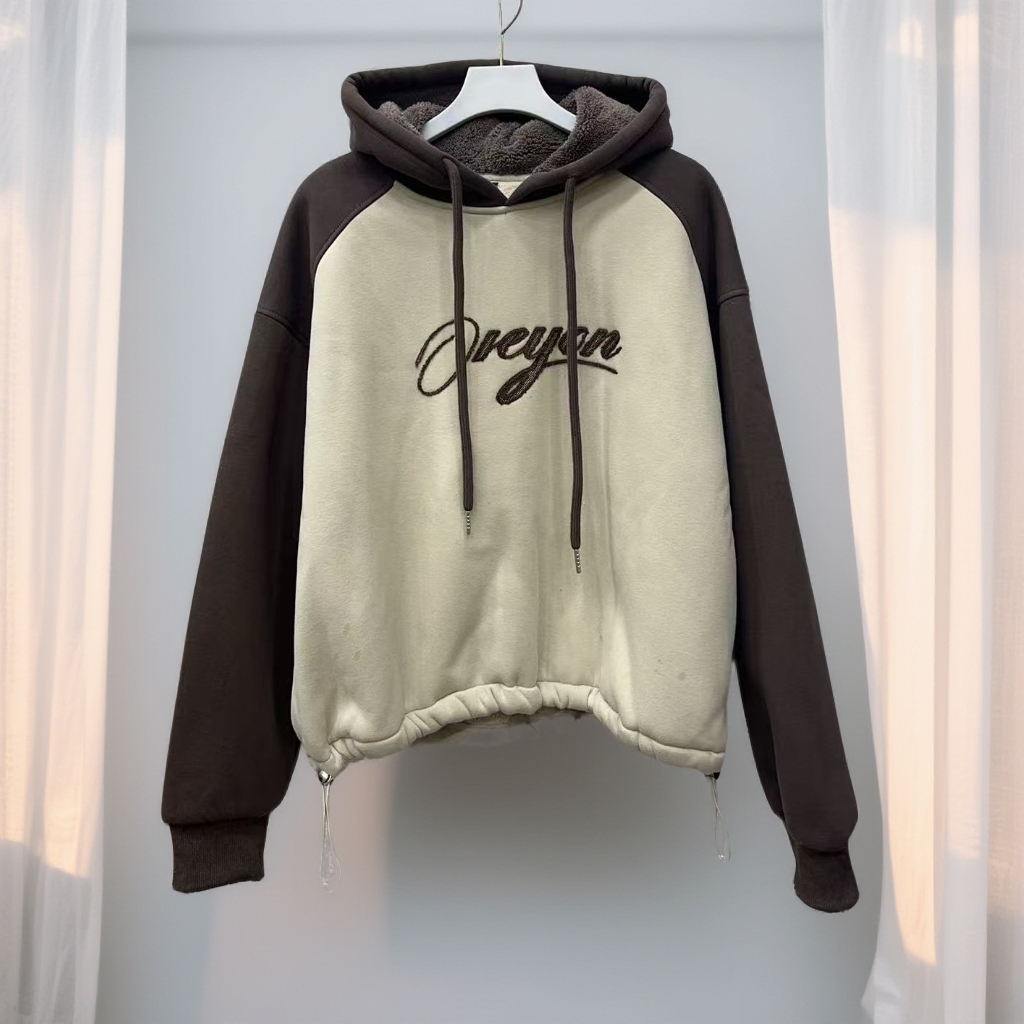 685#【衣长60】秋冬季加绒加厚连帽拼色休闲字母刺绣下摆抽绳卫衣