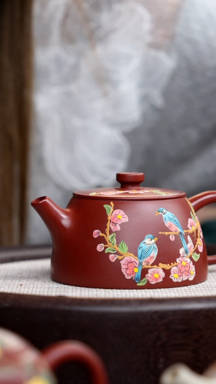 【闪购商品】紫砂茶壶朱泥汉瓦泥绘双鸟 009