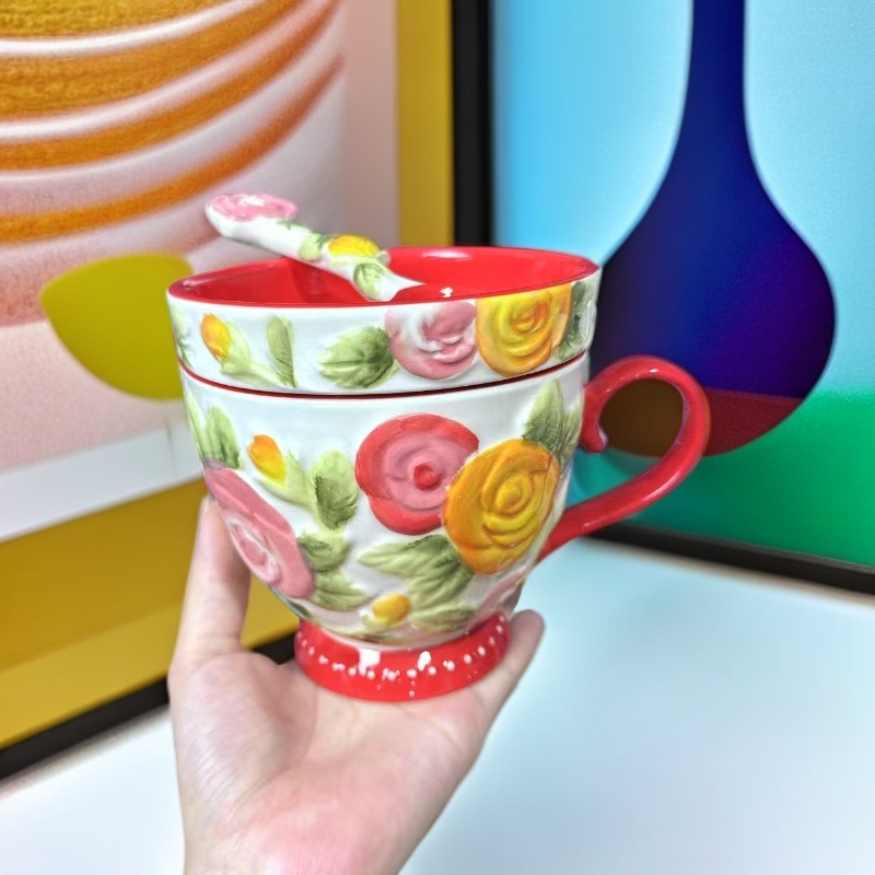 玫瑰花早餐杯带盖带勺3件套