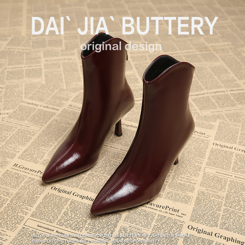 清货尖头细跟后拉链女短靴2026年秋冬新款棕色皮靴显瘦靴高跟鞋女