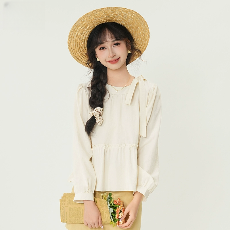 法式甜美蝴蝶结娃娃衫上衣女2025新款春季小个子宽松长袖衬衫