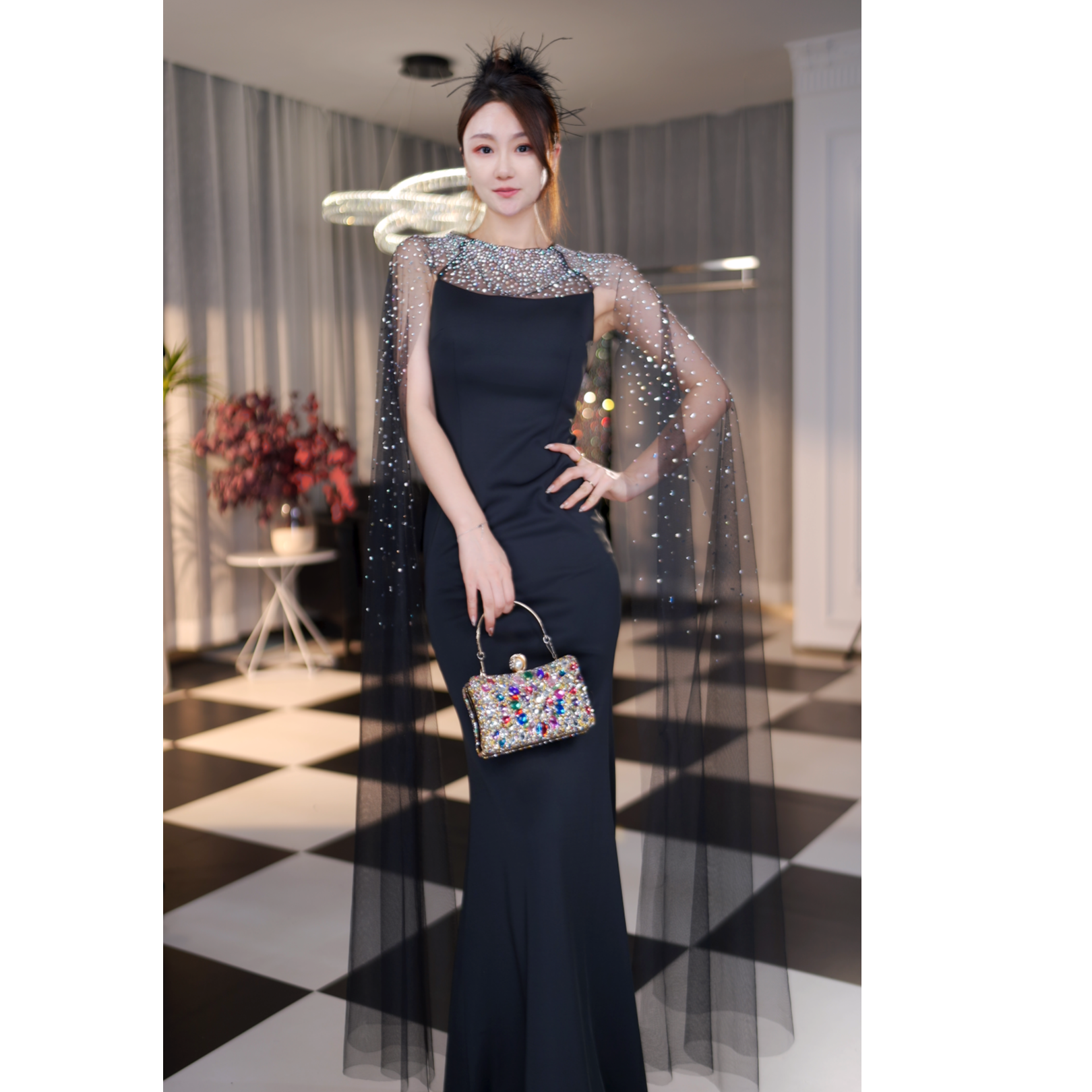 新款重工披肩款一字肩连衣裙镶钻无袖长款高腰长袖公主裙9362