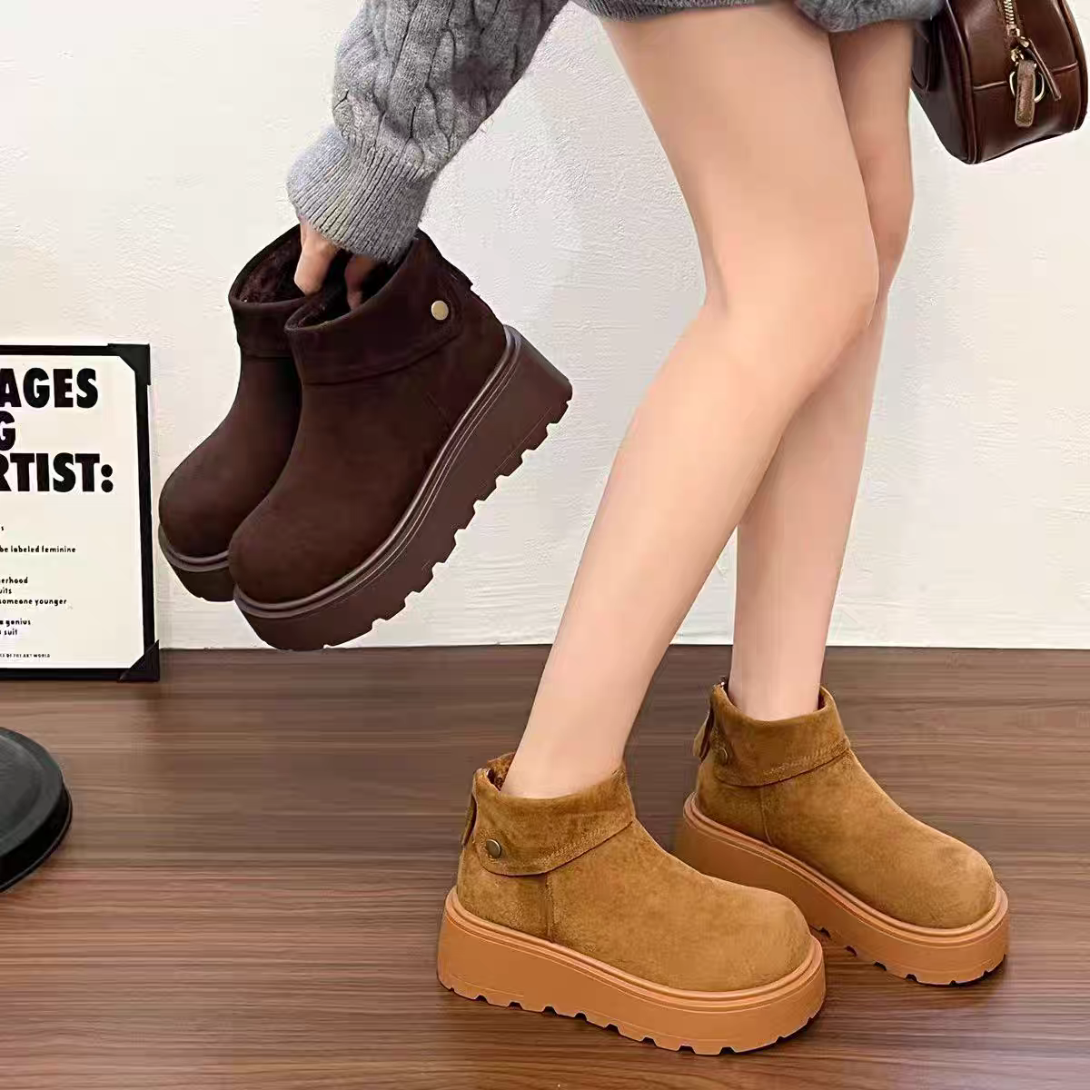 2025新款秋冬5公分厚底加绒增高休闲包头穆勒雪地靴女百搭真皮