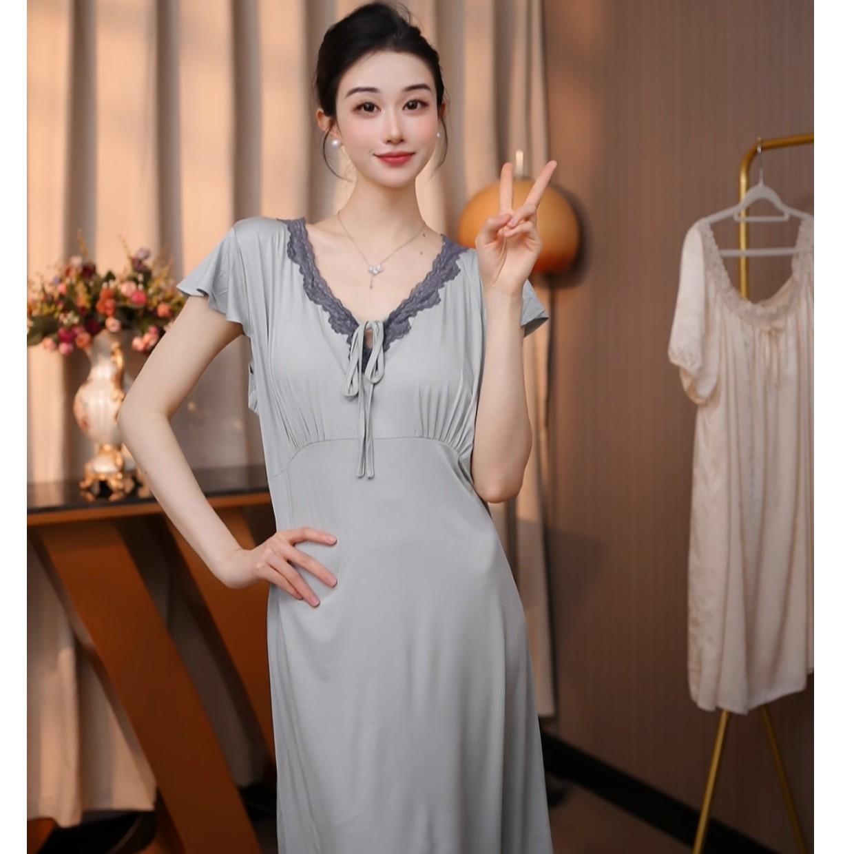 查理夫人【抹茶】莫代尔宽松睡裙薄款蕾丝宫廷风显瘦时尚气质