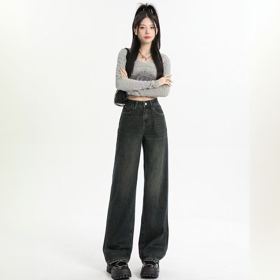 【2001-1】复古百搭设计感直筒牛仔裤女春秋宽松显瘦新款垂感拖地裤