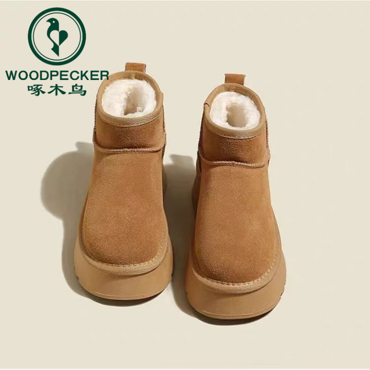 啄木鸟厚底雪地靴女冬季2025新款明星同款加绒厚增高保暖棉鞋外穿