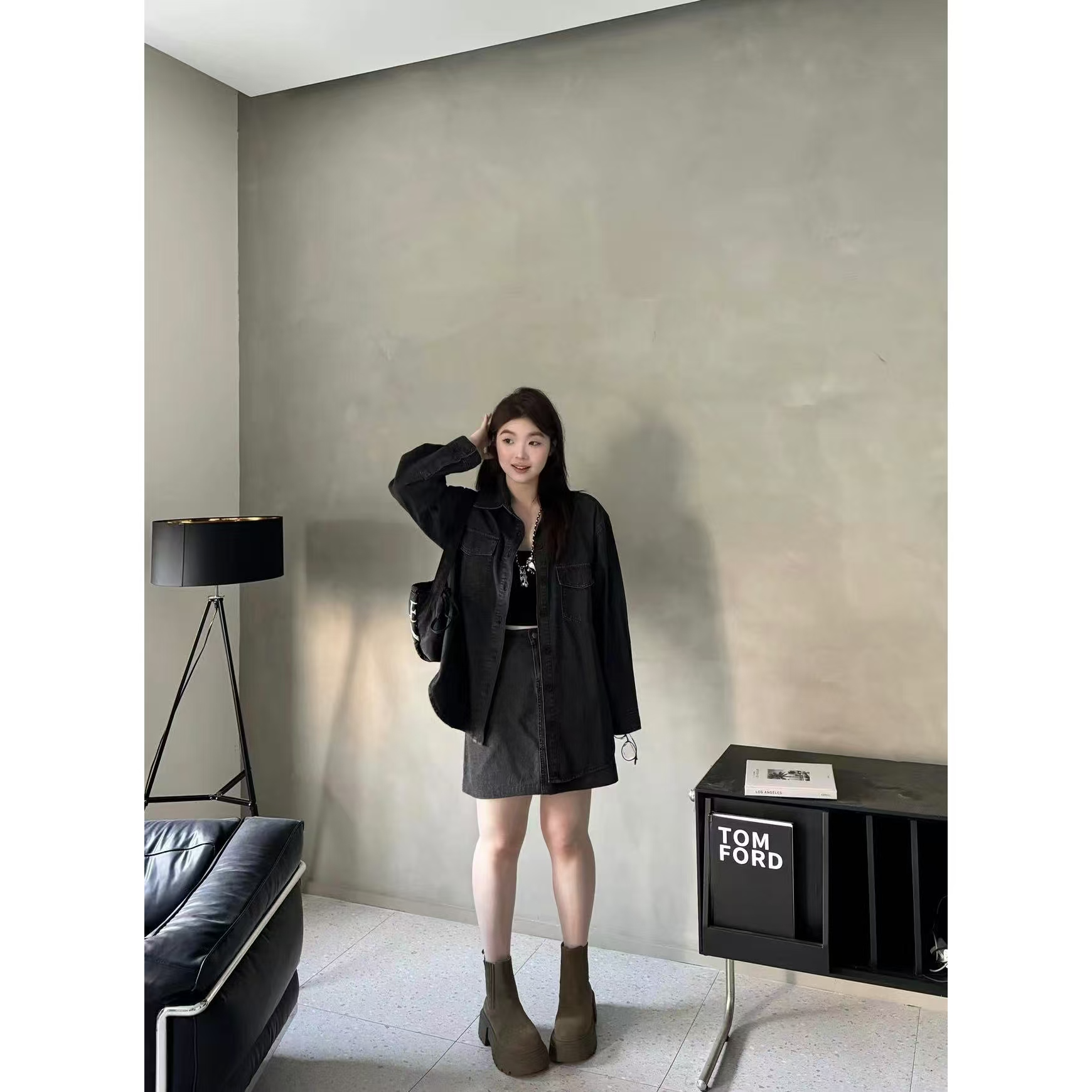 蕾蕾 【感觉跟随-外套】韩系复古牛仔明线走线休闲衬衫外套韩版