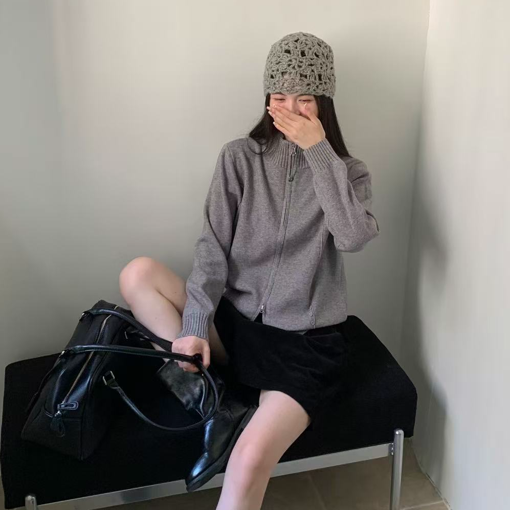 GW【休闲风百搭高领双拉链女针织开衫毛衣】秋冬