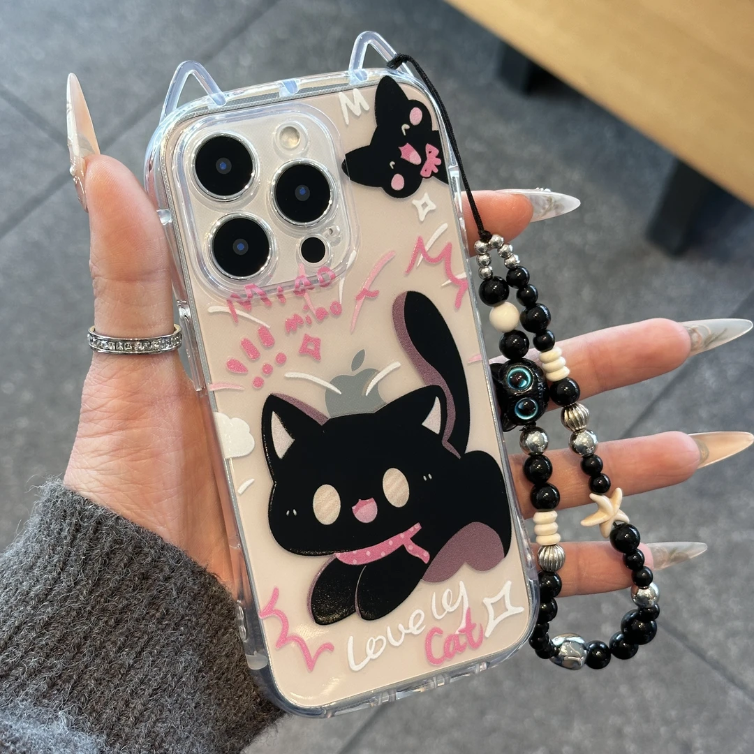 BANCA卡通惊吓黑猫挂链适用iPhone16/15pro苹果1412耳朵手机壳13