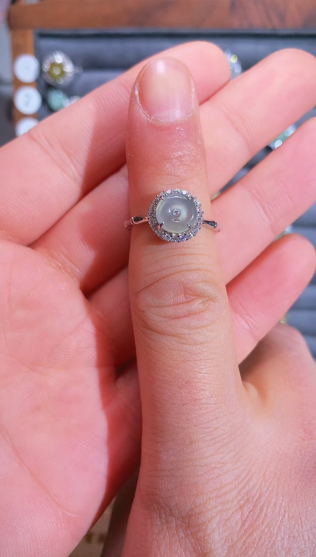 银S925镶嵌戒指翡翠S925银镶翡翠平安扣女饰品