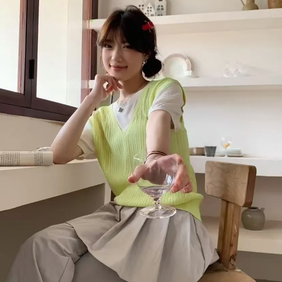 8547-凉爽麻料假两件（麻花纹绿）