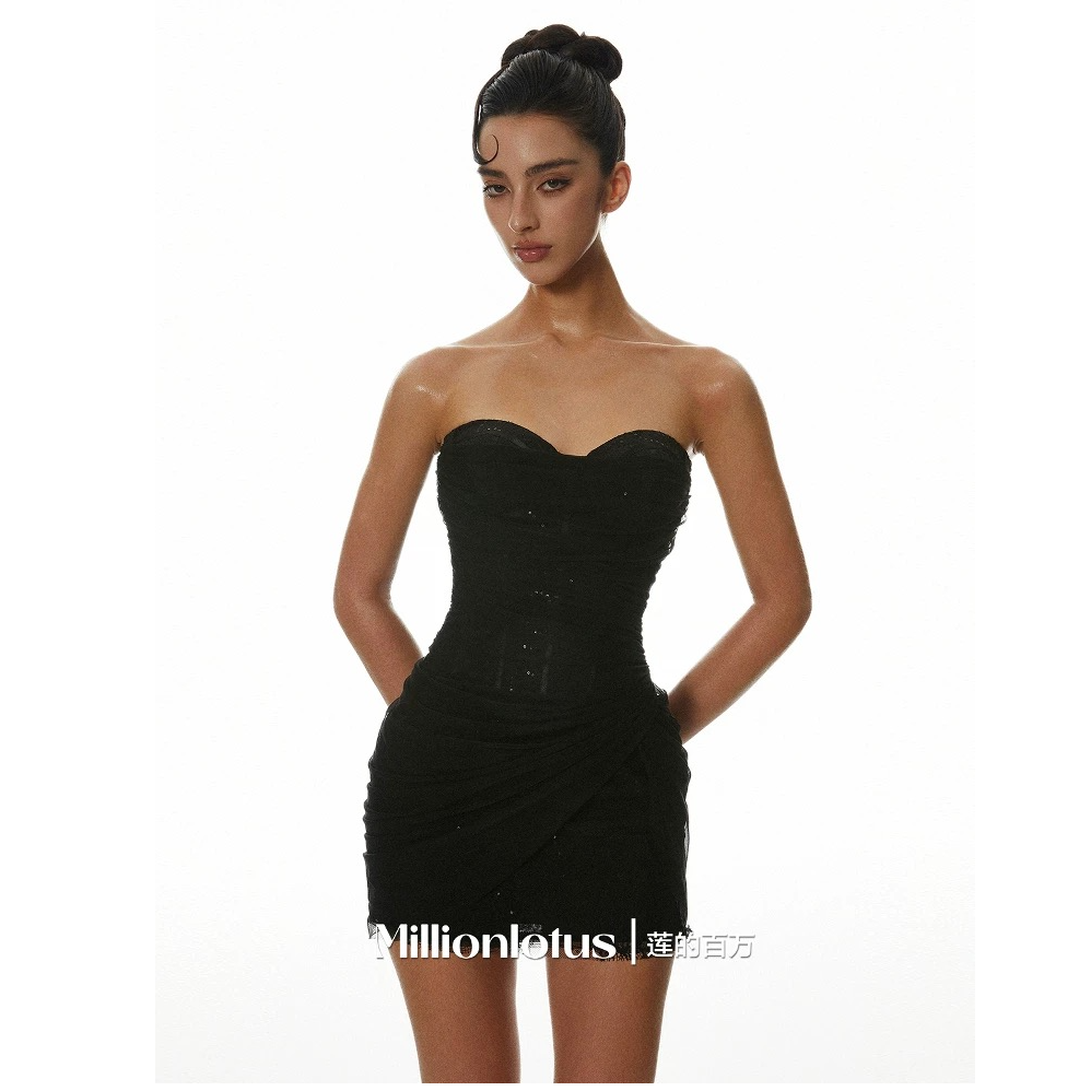 莲的百万黑色薄纱鱼骨束腰显瘦绝美生日裙抹胸礼服连衣裙生日礼服