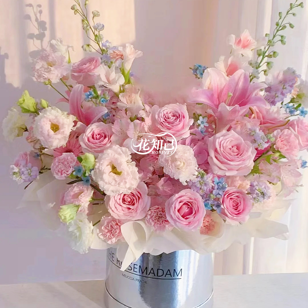 【满眼是你】9枝粉玫瑰5枝粉康2朵多头粉百合鲜花混搭抱抱桶生日送女生鲜花直播间现场直播卖花小时达中考花束