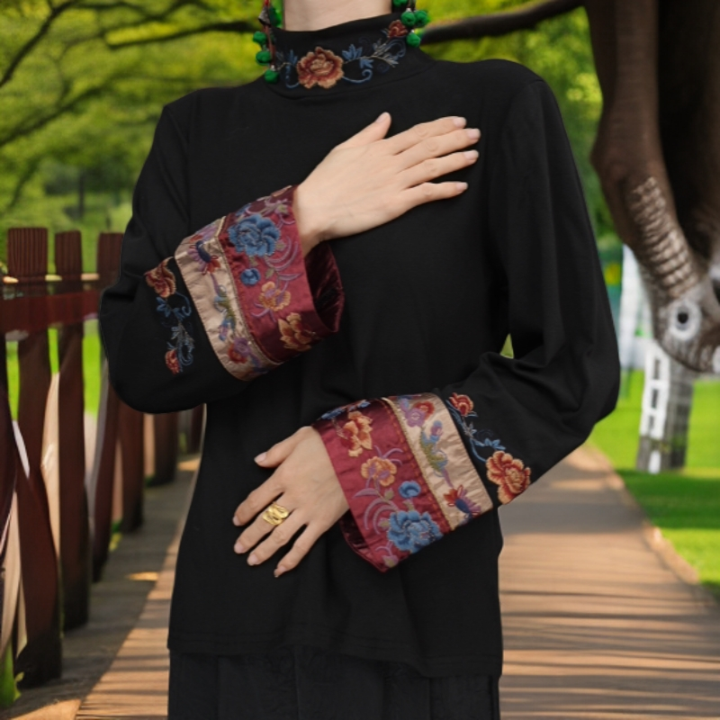 （锦瑟）加绒加厚2025新中式国风秋冬针织打底宽松款绣花半高领