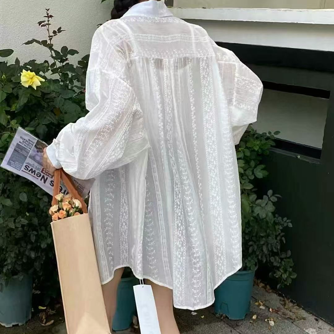 夏季防晒薄款韩版蕾丝防晒衬衫中长款宽松白色抽绳