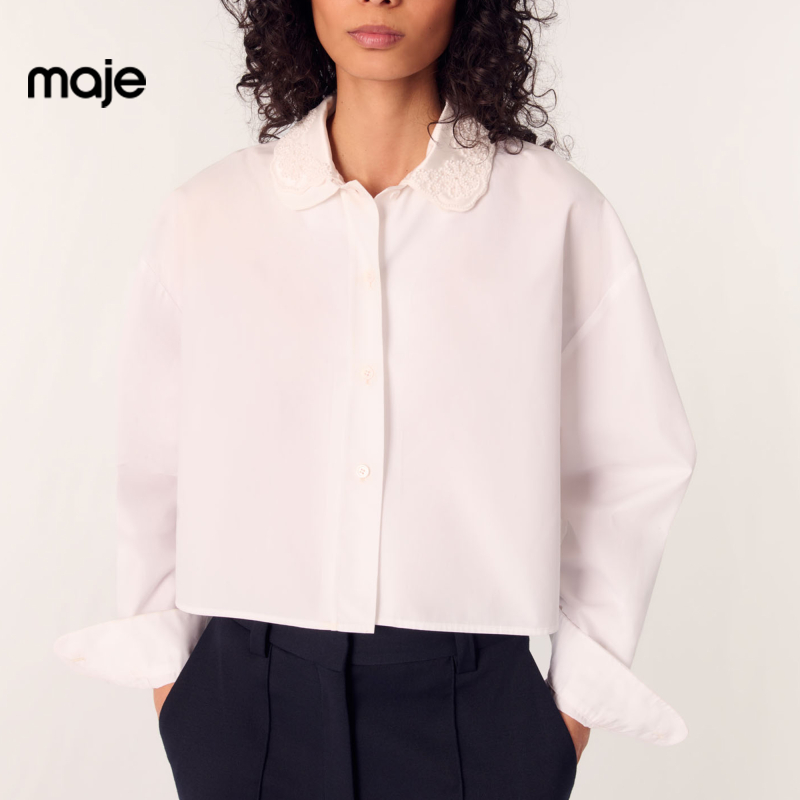 暖系穿搭|Maje2025秋冬新款女装绣花翻领短款宽松衬衫MFPCM00635