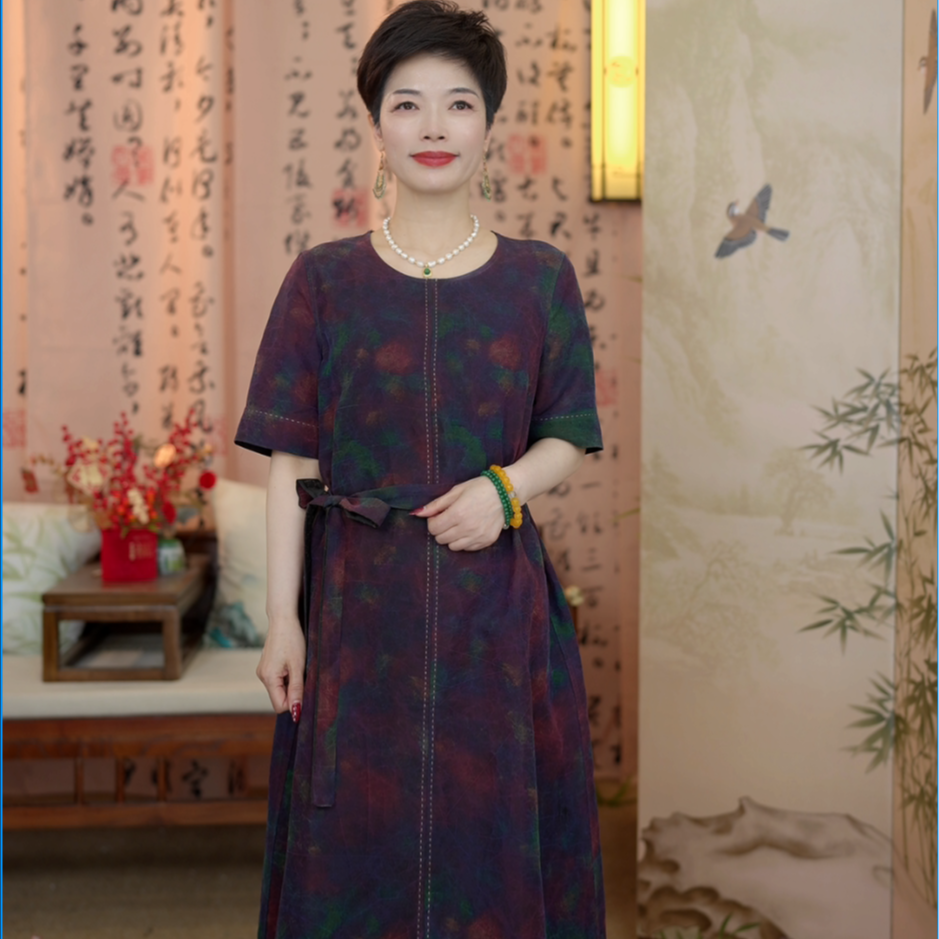 叶辰甄选香云纱  香云纱双非遗扎染素平缎气质女神裙(99225)