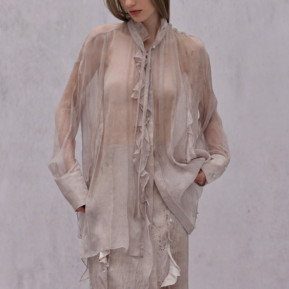 YUXUAN GIA 原创真丝草木染印花荷叶边装饰宫廷风衬衫