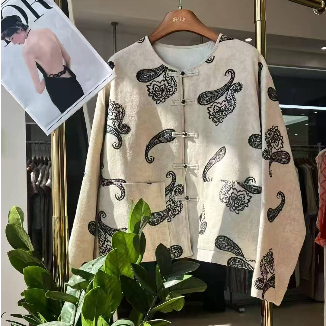 重工刺绣~新中式国风棉麻夹棉盘扣外套女秋冬款宽松落肩提花棉服